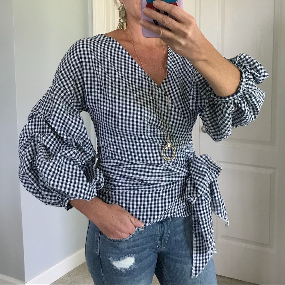 Large Navy & White Gingham Wrap Top